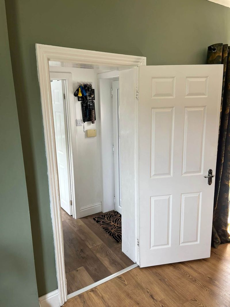 Hallway doorway with a white panel door before the work